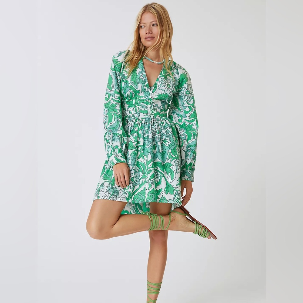 Anthropologie Green Floral Long Sleeve Dress